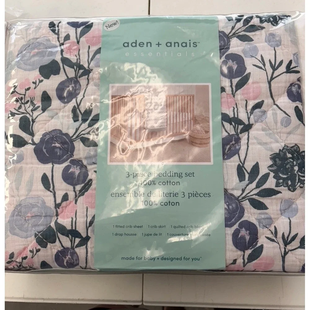 aden + anais 3-Piece Crib Bedding Set Floral Cotton Sheet Skirt Blanket NEW!